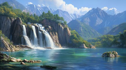 Fototapeta premium Serene Waterfall cascading into a Turquoise Lake, surrounded by Lush Green Mountains under a Sunny Sky