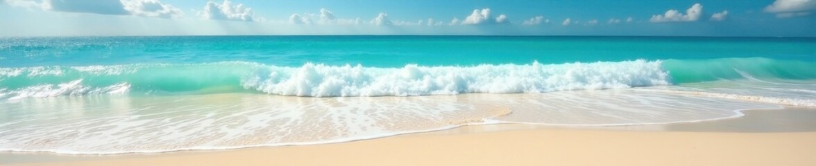 Gentle turquoise waves lap a pristine sandy beach , tropical, calm