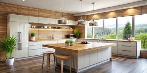 Fototapeta premium Modern kitchen design with wood and white cabinetry, island, and stunning natural view