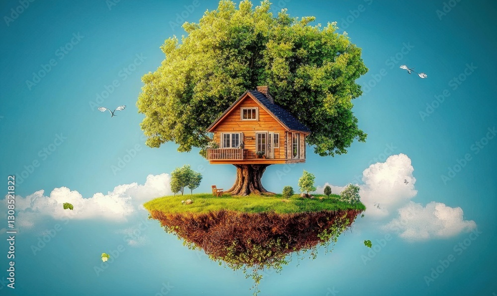 Poster treehouse on floating island with clouds and birds, ideal for fantasy concepts