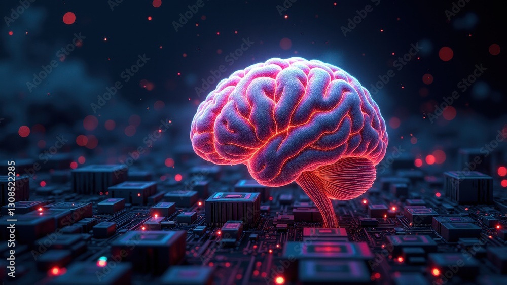 Wall mural virtual thinking systems, a glowing brain amidst circuits in digital void energy connecting neurons 