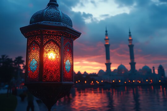 Ornate Ramadan Lantern Mosque Sunset Night Glow Festive red art holy hope blue dark islam faith     