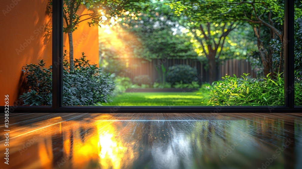Poster beautiful wooden floor with a scenic view of a garden through a large window creating inviting space