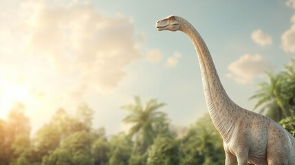 Majestic Brachiosaurus: A magnificent Brachiosaurus stands tall amidst a verdant prehistoric landscape, basking in the sun, embodying the grandeur of a forgotten era.