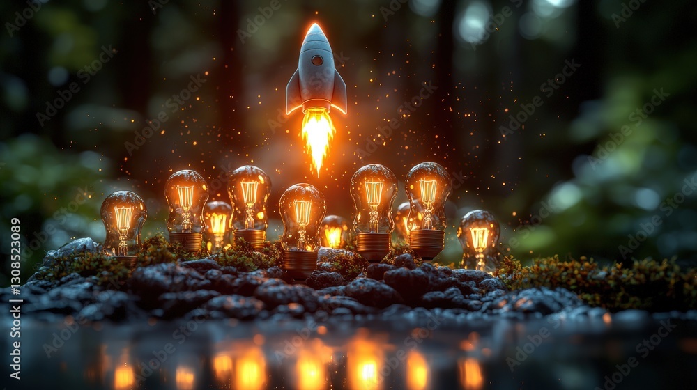 Poster colorful rocket with multiple lights launching into the night sky creating a stunning visual display