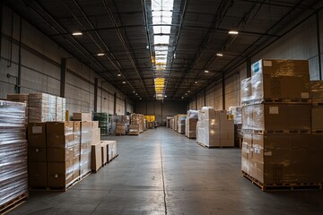 Large warehouse interior with stacked cardboard boxes on pallets.