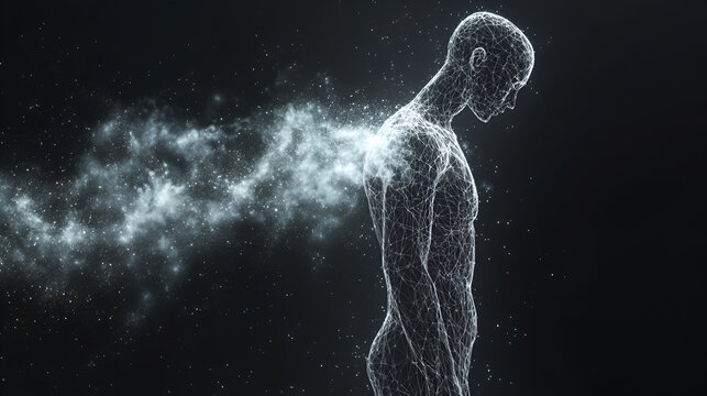 Ethereal human figure with disintegrating particles, ghostly silhouette, surreal energy, metaphysical concept