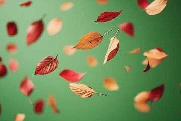 Obraz premium Falling autumn leaves on green background. (1)
