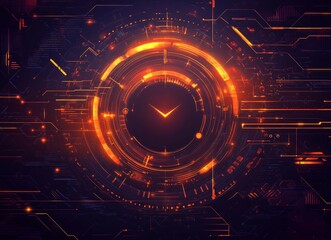 Fototapeta premium A lively neon logo with a central geometric symbol surrounded by glowing rings and radiating arrows, creating a dynamic and futuristic look