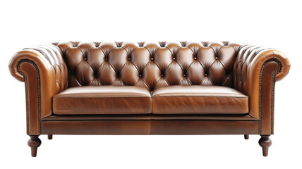 Luxurious brown leather chesterfield sofa isolated on transparent background