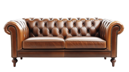 Luxurious brown leather chesterfield sofa isolated on transparent background