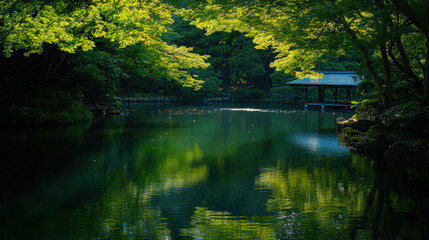 Fototapeta premium Scenic lake surrounded by lush green trees with a pavilion in the background