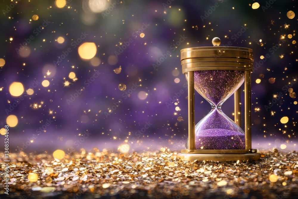 Poster elegant hourglass on glittering background with bokeh effect