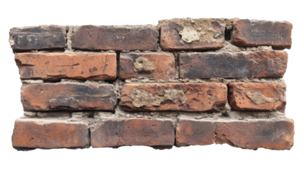 Old damaged brick wall section with transparent background showing deterioration