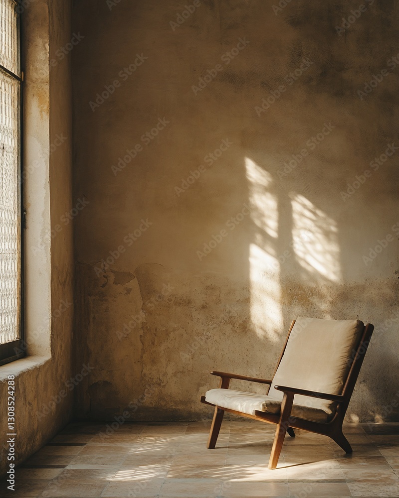 Poster sunlight streams through a window onto a beige armchair in a rustic room with textured walls and til