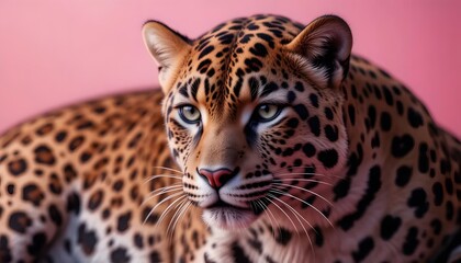Obraz premium Focused Leopard Portrait with Intense Gaze and Pink Background Detail