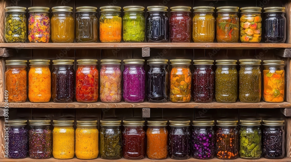 Poster a neatly arranged shelf of jars filled with pickled vegetables in various colors and flavors