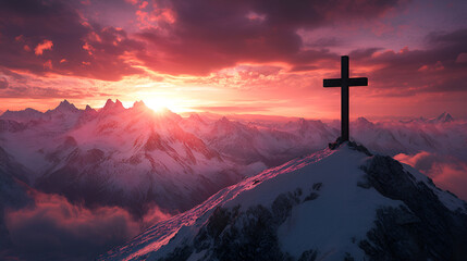 Obraz premium Sunset over mountains with Christian cross, spiritual symbolism, divine light, heavenly scene