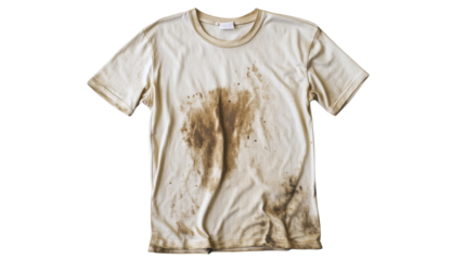 Dirty white t-shirt with mud stains on transparent background