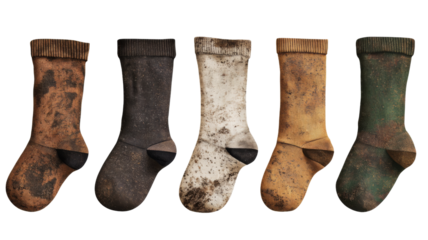 Five dirty socks isolated on transparent background representing gardening and outdoor activities
