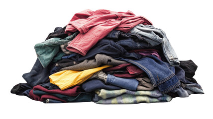 Pile of used clothes creating a large mound on transparent background