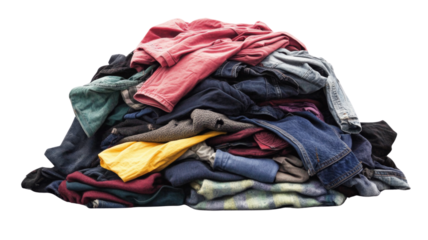 Pile of used clothes creating a large mound on transparent background