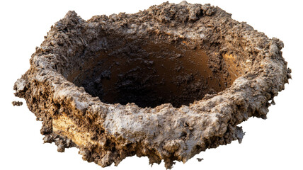 Mud hole excavated showing rough soil texture on transparent background