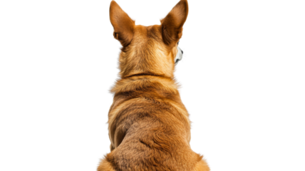 Brown dog sitting down seen from behind on transparent background