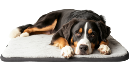 Greater swiss mountain dog resting on soft gray mat with transparent background