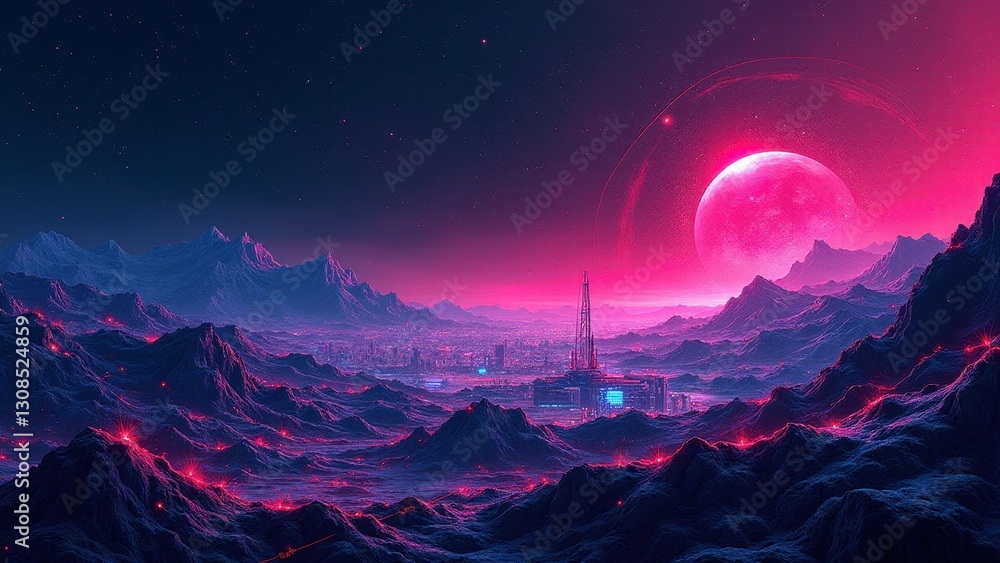 Wall mural virtual thinking systems, neon-lit virtual landscape with ai nodes data streams glowing connections 