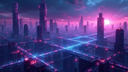 Fototapeta premium Virtual thinking systems, Neon-lit cityscape with interconnected consciousness neural pathways and holographic thought processes glowing data vibr