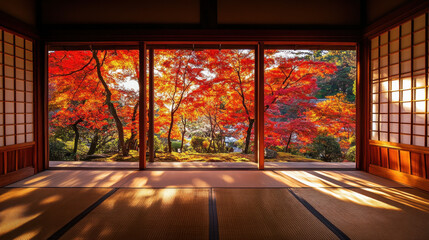 Japanese room with autumn garden view