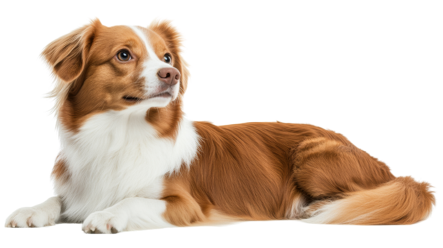 Kooikerhondje dog lying down and looking up on transparent background
