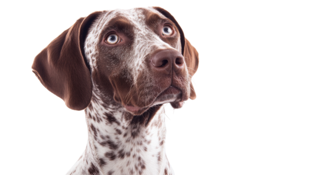 Curious german shorthaired pointer looking up on transparent background