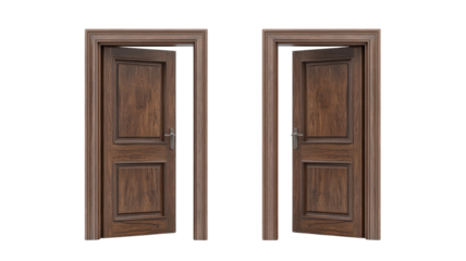 Two open elegant wooden doors with transparent background