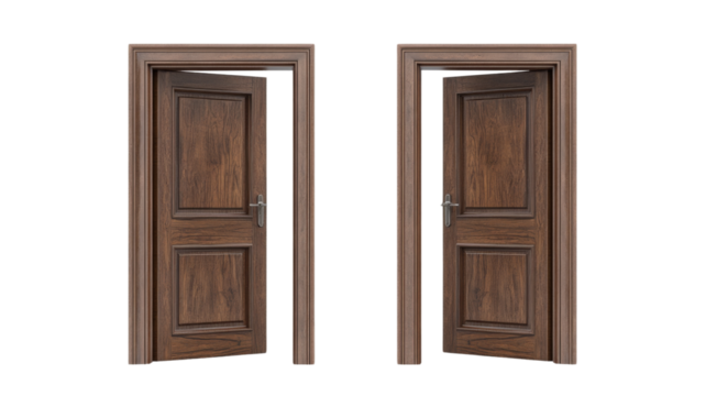 Two open elegant wooden doors with transparent background