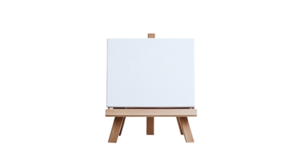 Small blank white canvas on wooden easel with transparent background