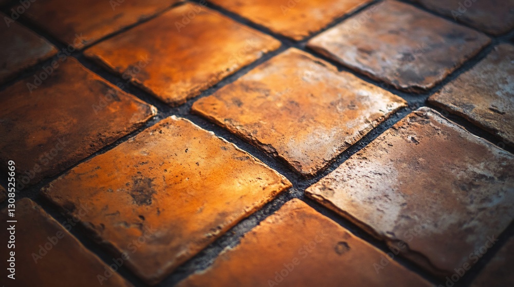Poster close-up of textured, rustic, orange-brown square tiles arranged in a diagonal pattern, showing subt