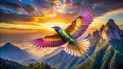 Obraz premium A vibrant, multicolored bird in majestic flight soars above a breathtaking panorama of rolling hills and mountains bathed in the golden hues of a stunning sunset