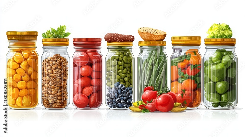 Poster assorted variety of jars filled with different fruits and vegetables displaying colorful edibles