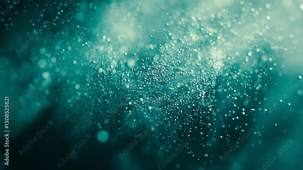 Poster abstract teal and silver particle explosion, bokeh effect.