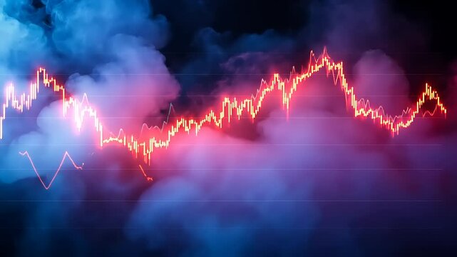 A digital graph representing market trends, illuminated in vibrant colors amidst swirling smoke.