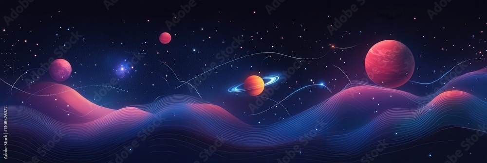 Poster Cosmic landscape filled with planets and symbols interconnected by glowing lines in a deep blue nebula at night
