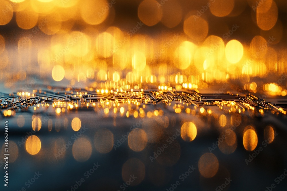 Aufkleber abstract circuit board with golden bokeh lights.