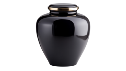 Black ceramic funeral urn with golden lid on transparent background