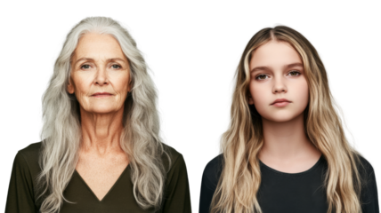 Senior and young woman showing aging process with transparent background