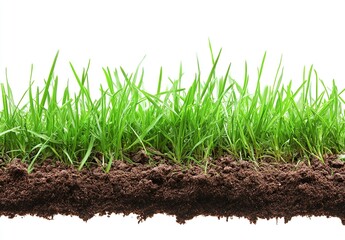 Lush green grass sprouting from rich brown soil, isolated on white.