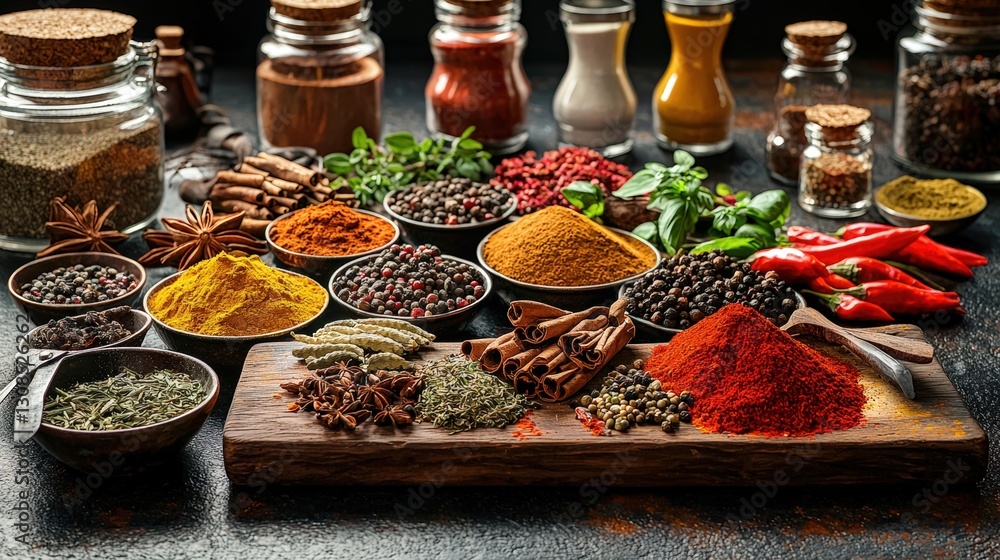 Poster an elegant display of various spices captured in a charming kitchen setting for culinary use