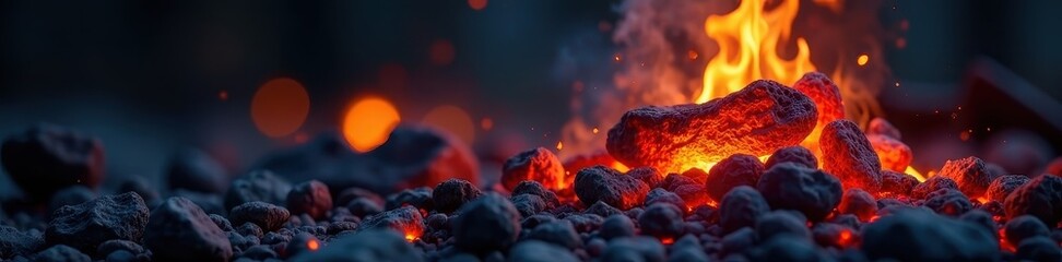 Glowing embers, dark background, ash remnants, orange, nature