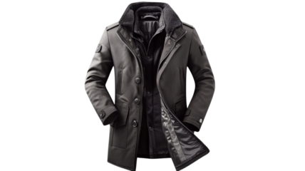 Stylish winter jacket open showing inside lining on transparent background